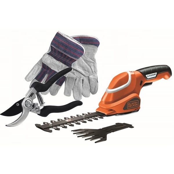 Аккумуляторные садовые ножницы + перчатки и ручные ножницы BLACK+DECKER GSL700KIT, 7 В, 1.5 Ач 
